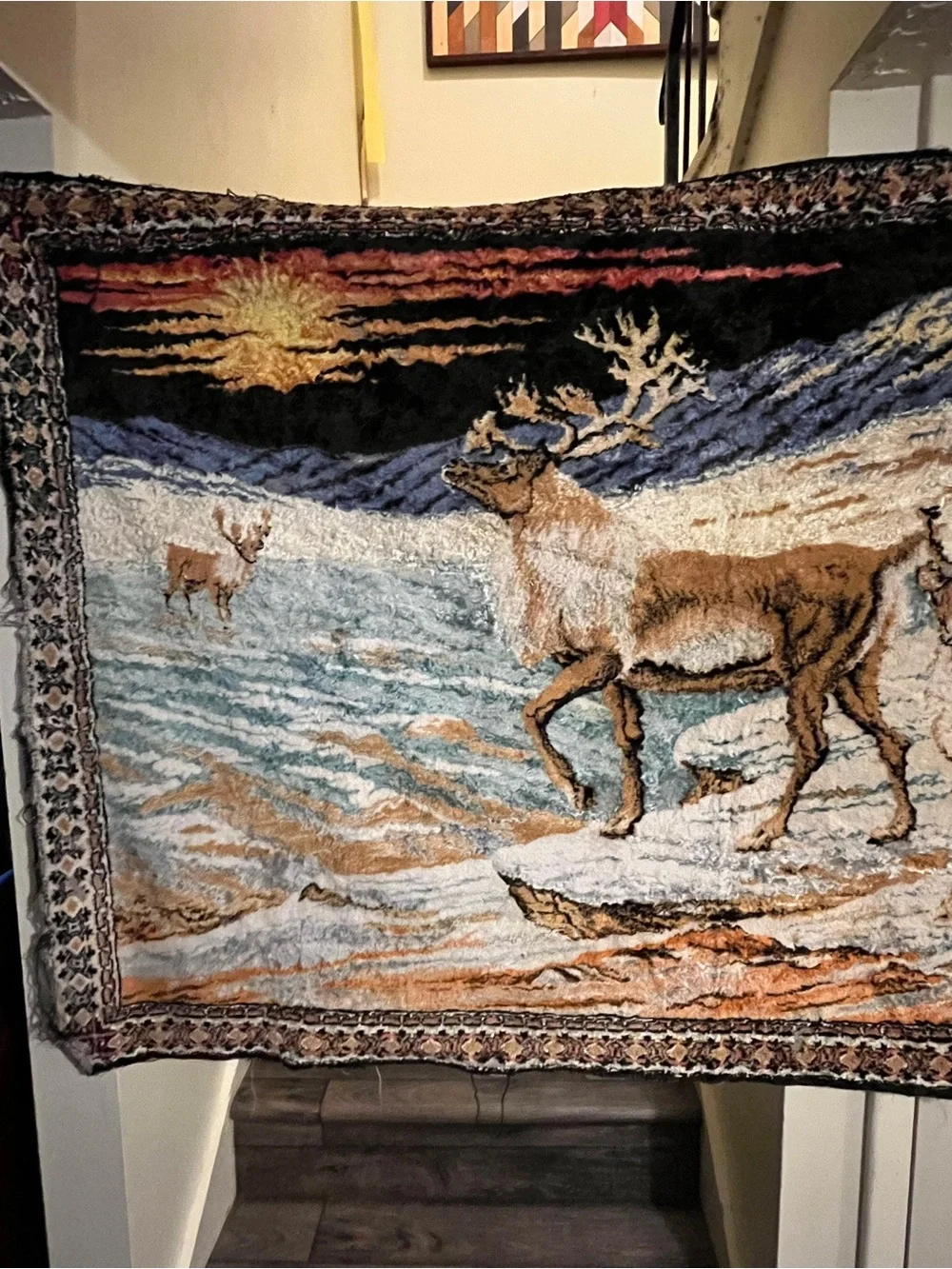 Vintage Velvet Tapestry Wall Hanging Carpet reindeer Deer Wildlife sunset